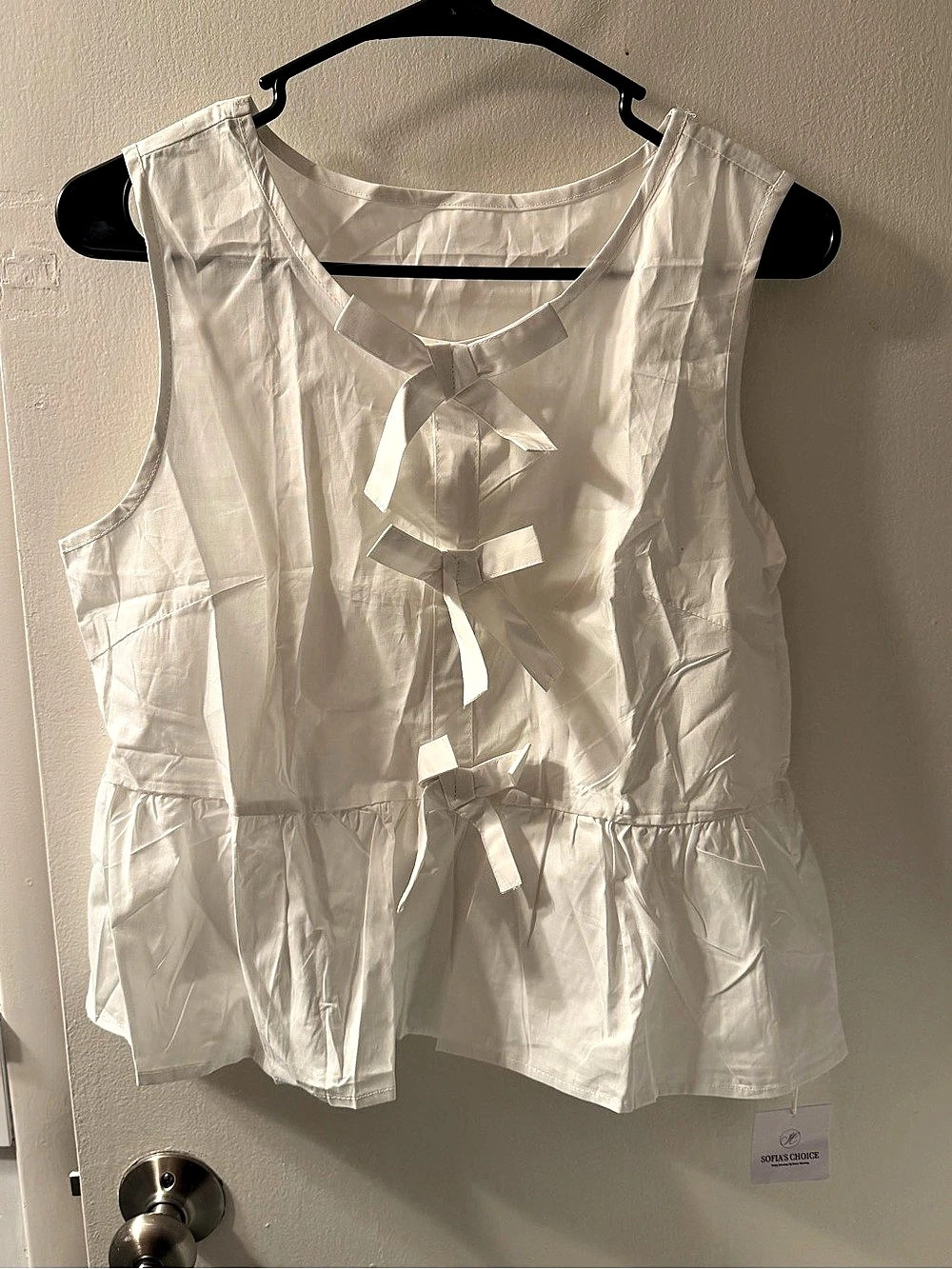 Sofia's Choice 99% Cotton Peplum Bow Blouse in White Size Medium NWT